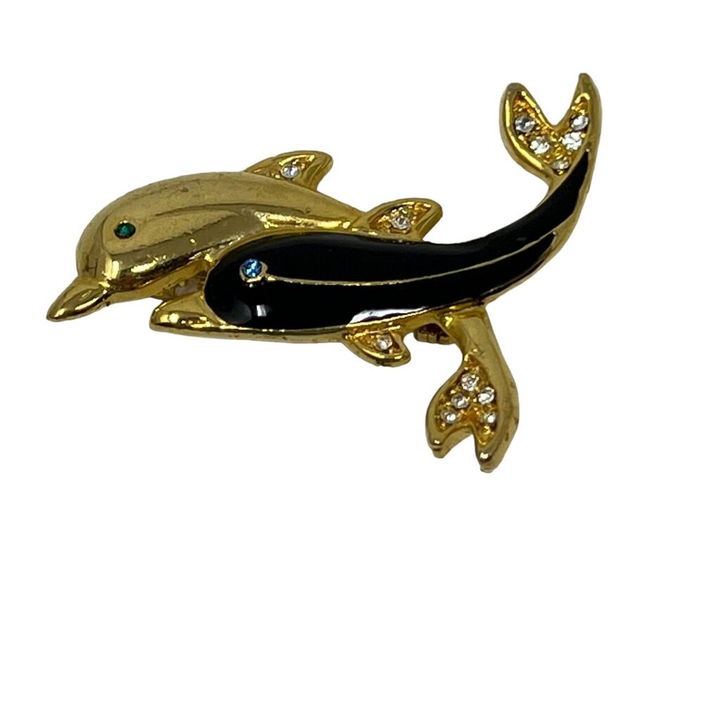 Two Dolphin Brooch Gold Tone Black Enamel Crystal Accents Porpoise Pin